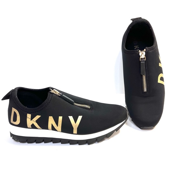 Dkny Shoes Dkny Top Zip Sneakers In Black With Gold Dkny Logo